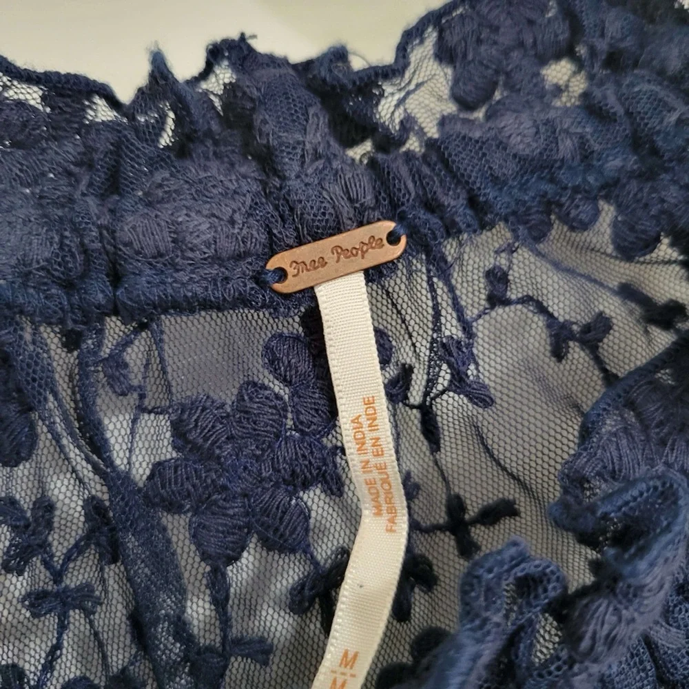 Free People navy blue lace floral embroidered long sleeve see thru dolman blouse